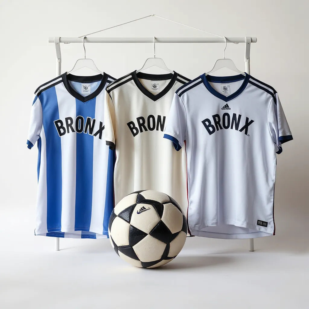 Assorted soccer jerseys and a training ball displayed neatly on a clean, neutral background