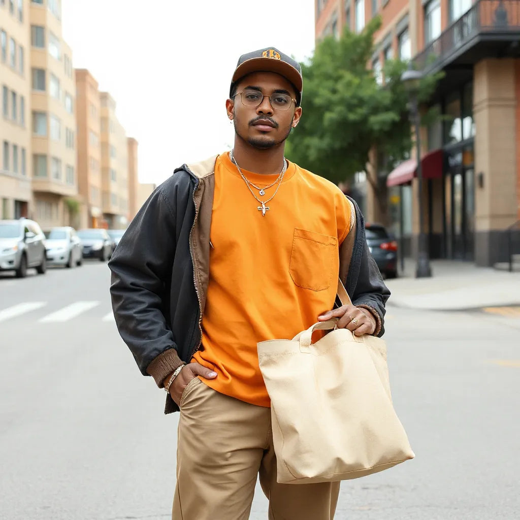 Casual streetwear and accessories in pride-inspired colors arranged on a clean urban backdrop