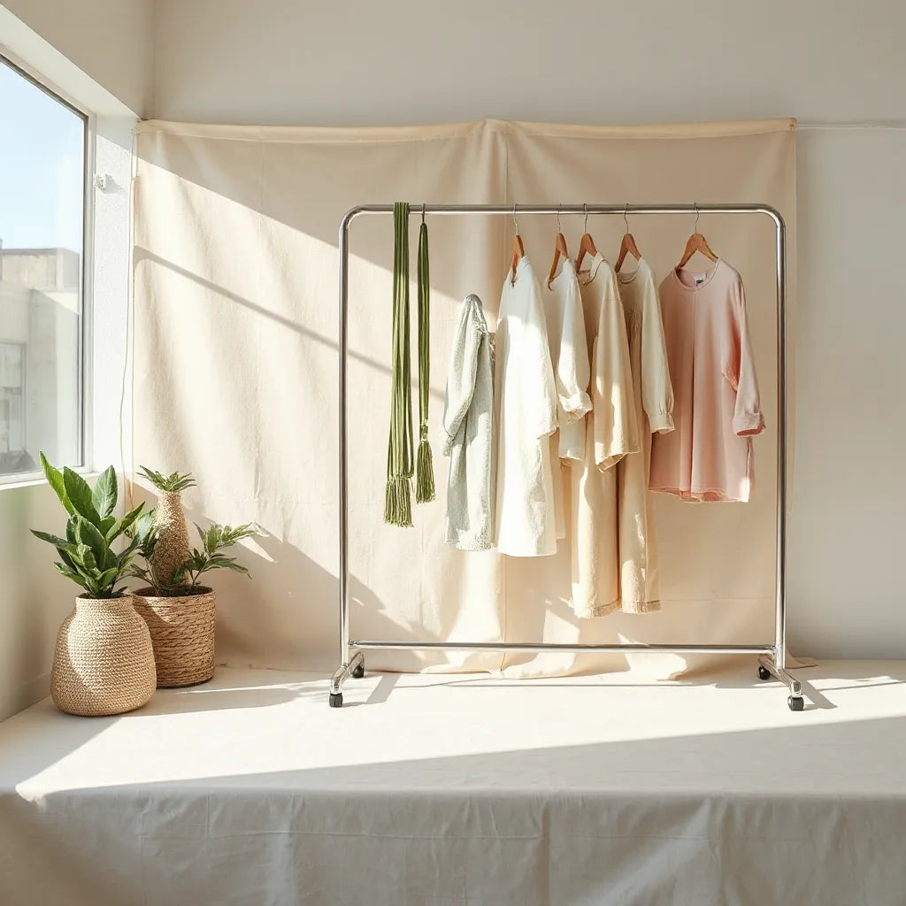 Sunlit spring outfits in pastel tones arranged neatly on a clothing rack outdoors