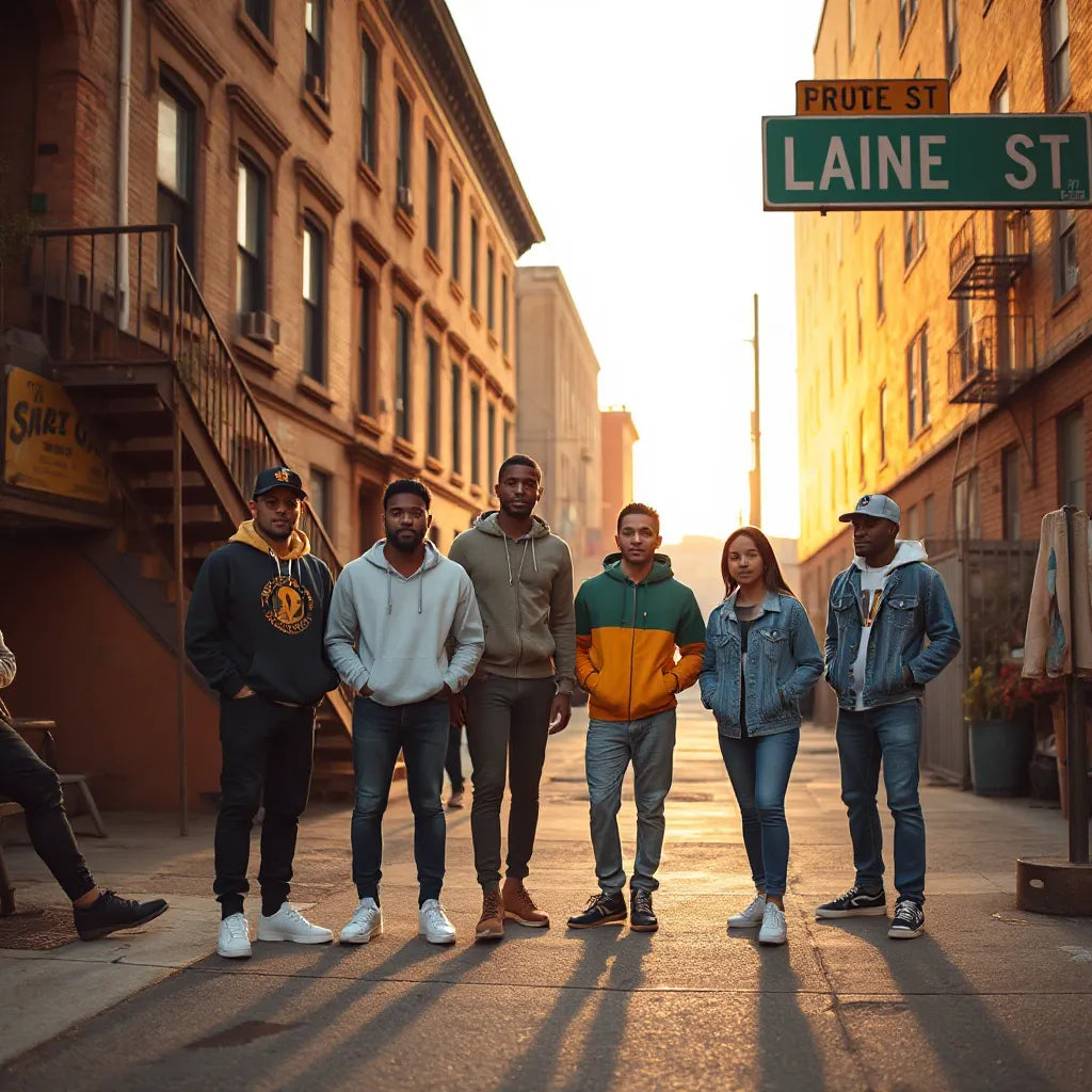 Friends in Bronx-inspired streetwear standing on a neighborhood sidewalk near brownstones and a mural wall