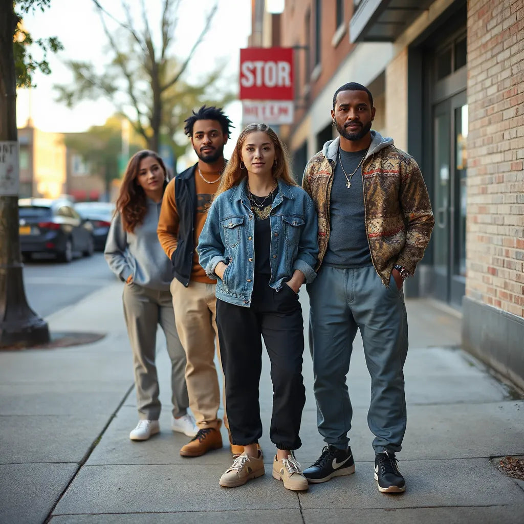 Adults wearing modern Bronx Native clothing in layered casual street style on a sunlit sidewalk