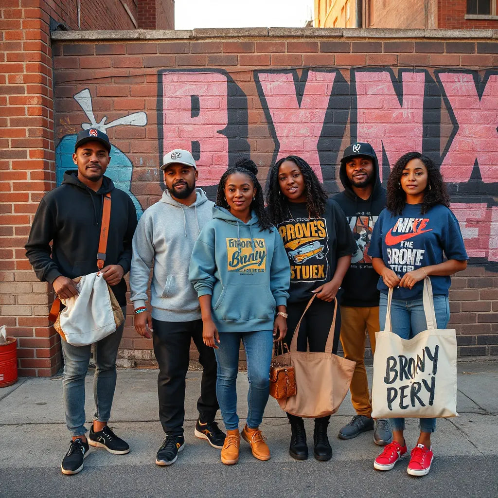 Friends in Bronx streetwear outfits featuring graphic tees, hoodies, and a cap near a brick wall