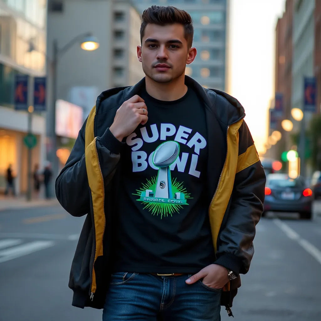 Street-style outfit featuring a graphic Super Bowl themed t-shirt with neon accents and casual jeans