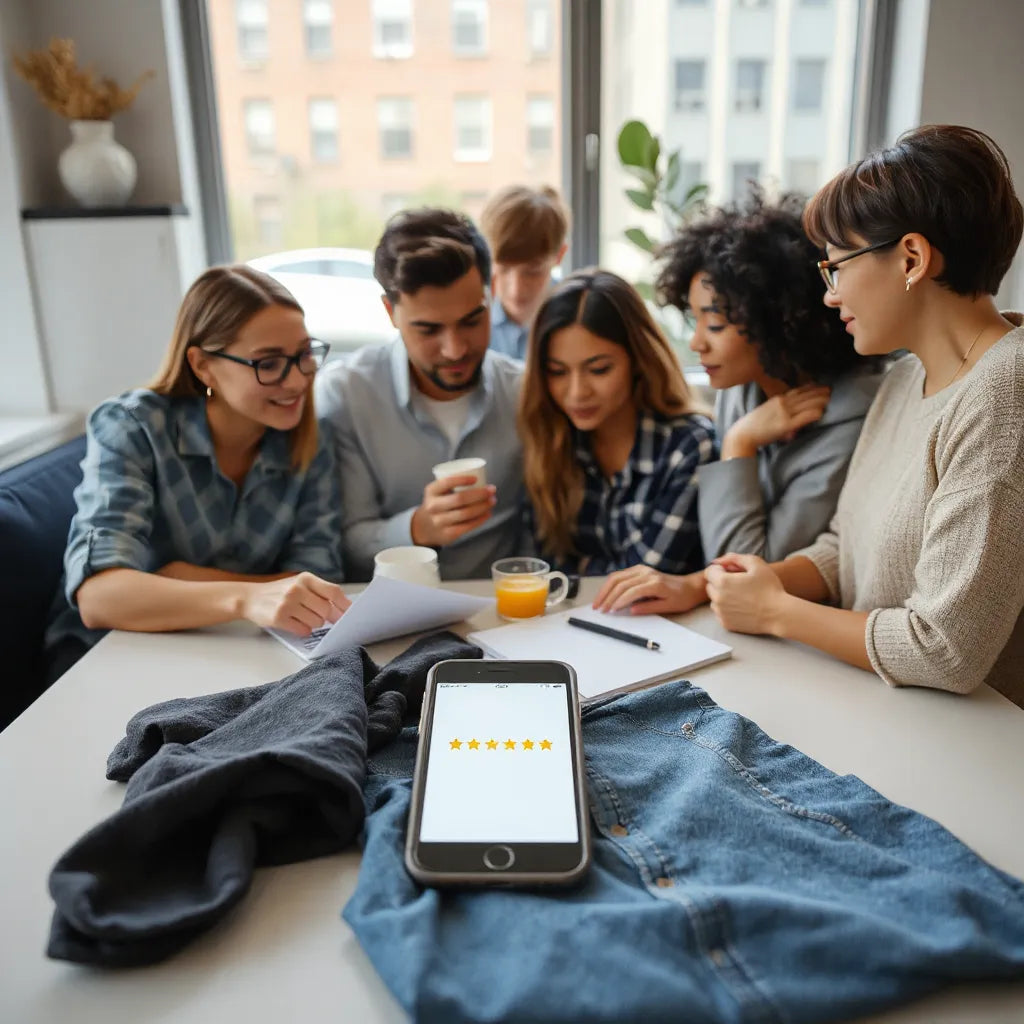 Shoppers reviewing a product and checking star ratings on a smartphone in a casual urban setting