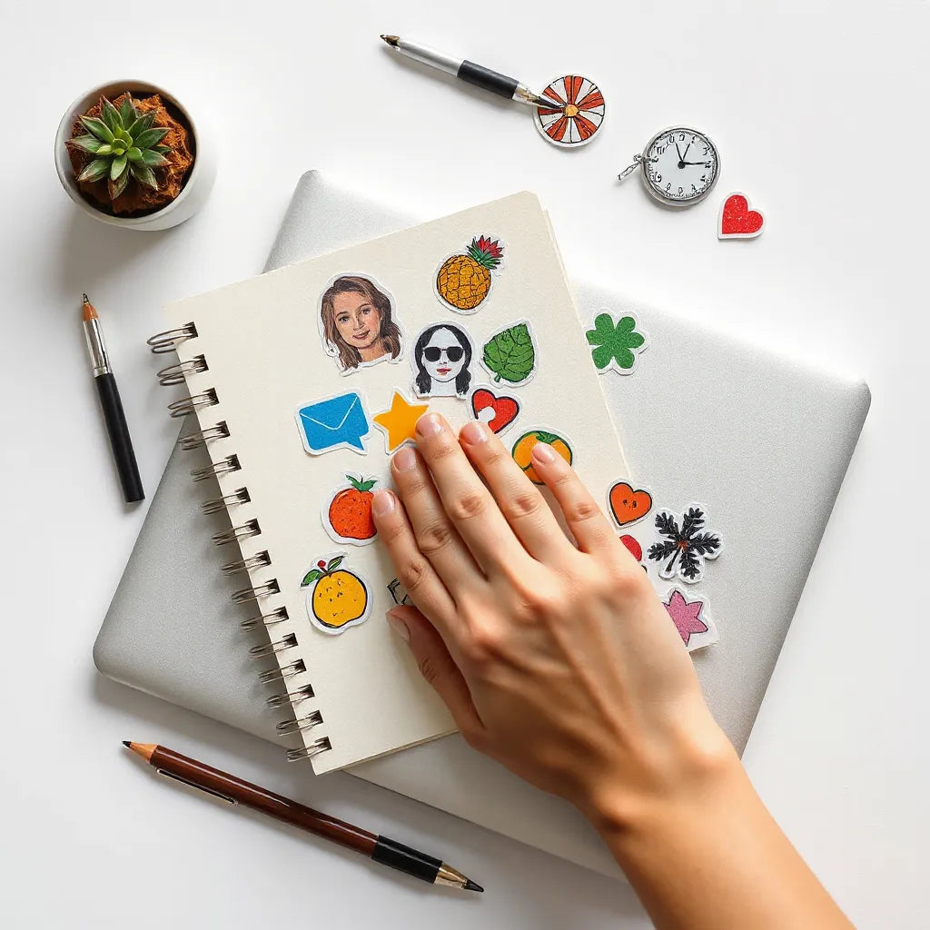 Hand placing colorful creative stickers on a notebook cover and laptop lid in soft daylight