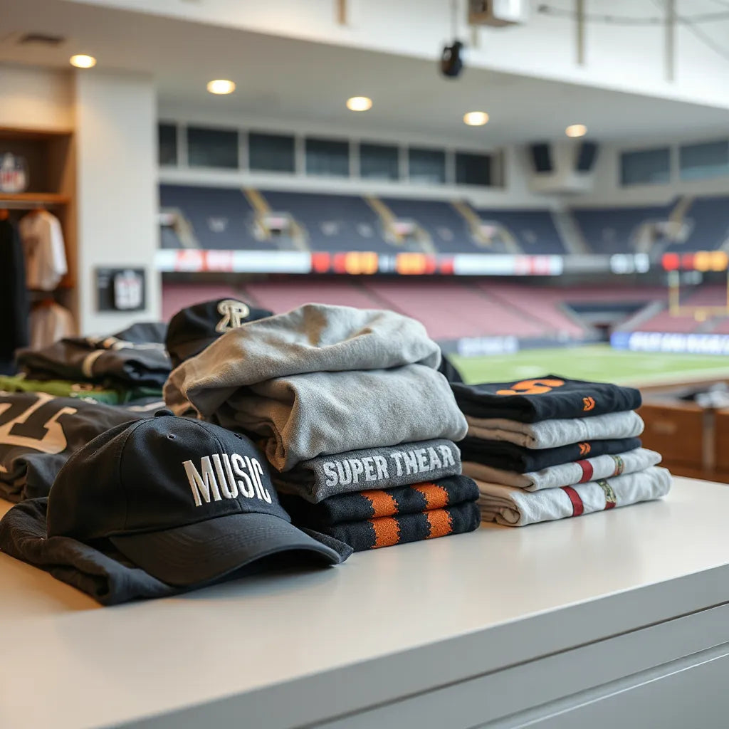 Folded streetwear and caps laid out beside a jersey-like shirt in a clean retail display