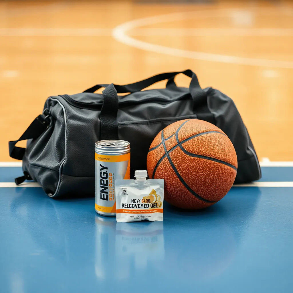 Basketball and sports energy items on a bench beside a duffel bag on an indoor court