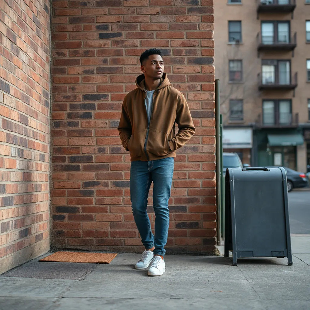 Person in casual streetwear standing against a brick wall in an urban neighborhood