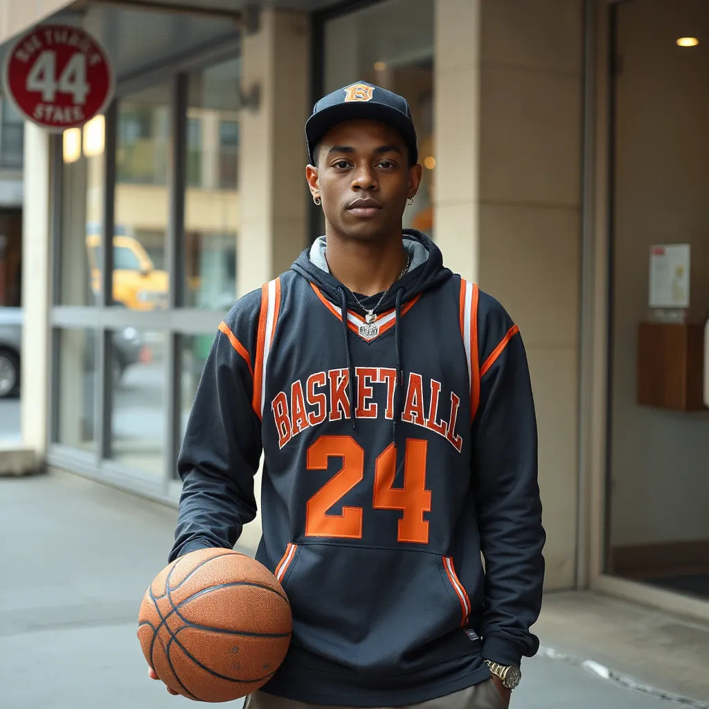 Person in Bronx streetwear with a basketball jersey and hoodie beside a basketball