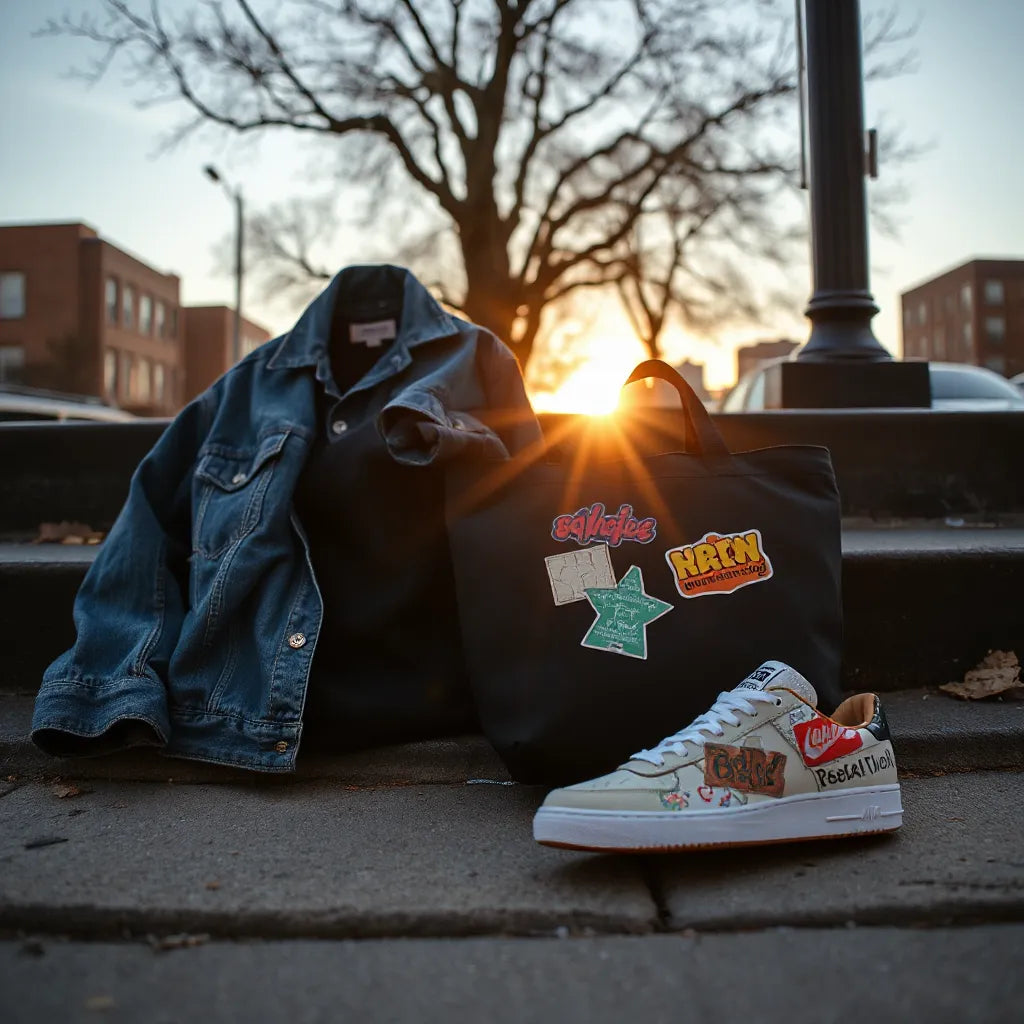 Denim jacket and tote bag on a Bronx stoop covered with colorful streetwear stickers