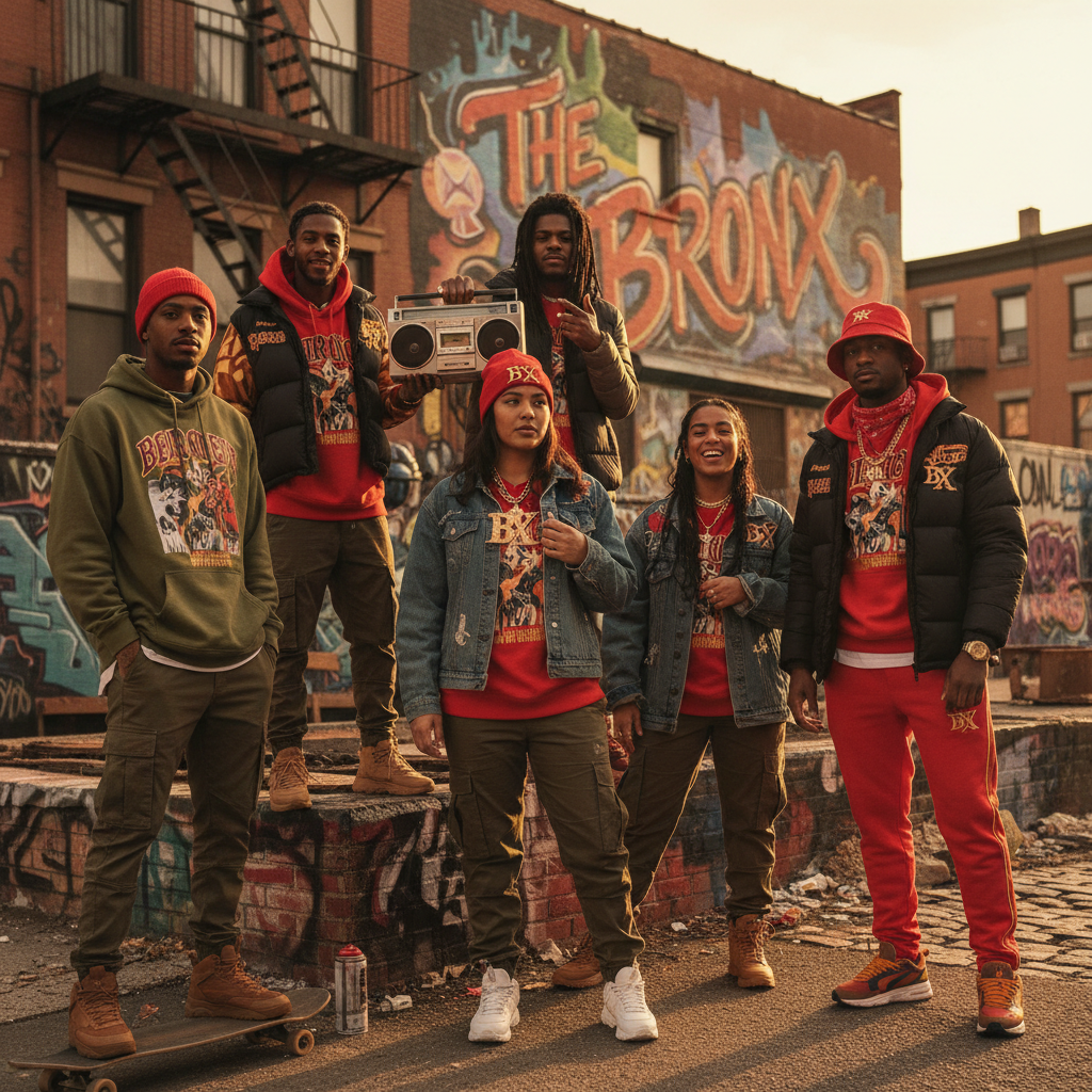 diverse group in urban streetwear, golden hour, city backdrop, vibrant colors