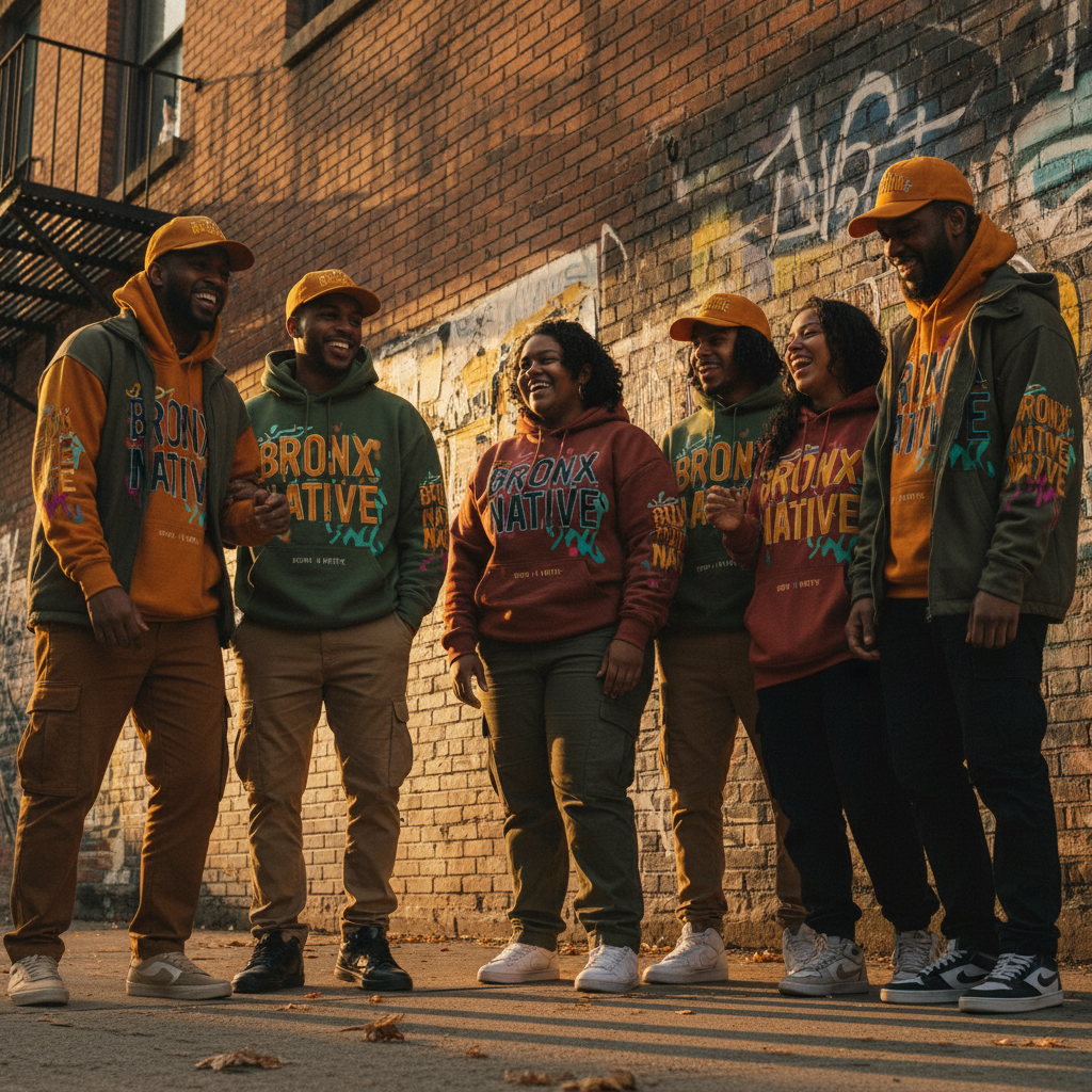 diverse group in colorful streetwear against an urban wall, golden hour light