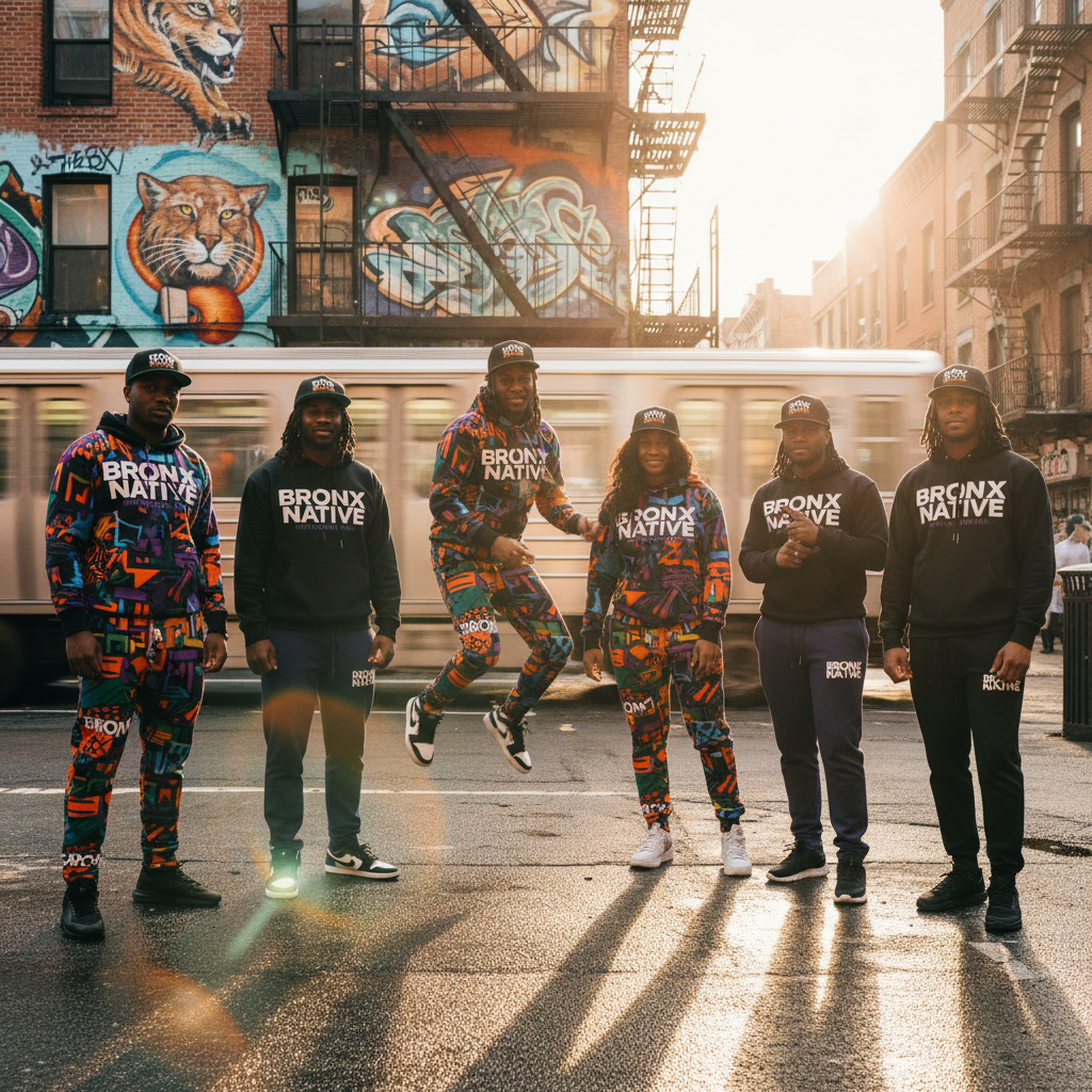 diverse group in bold streetwear against a vibrant, graffiti-covered urban wall