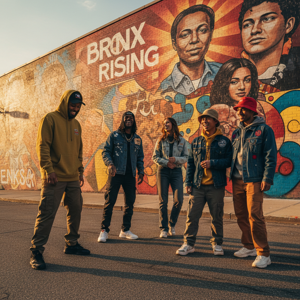 diverse models in urban streetwear against a vibrant bronx mural at golden hour