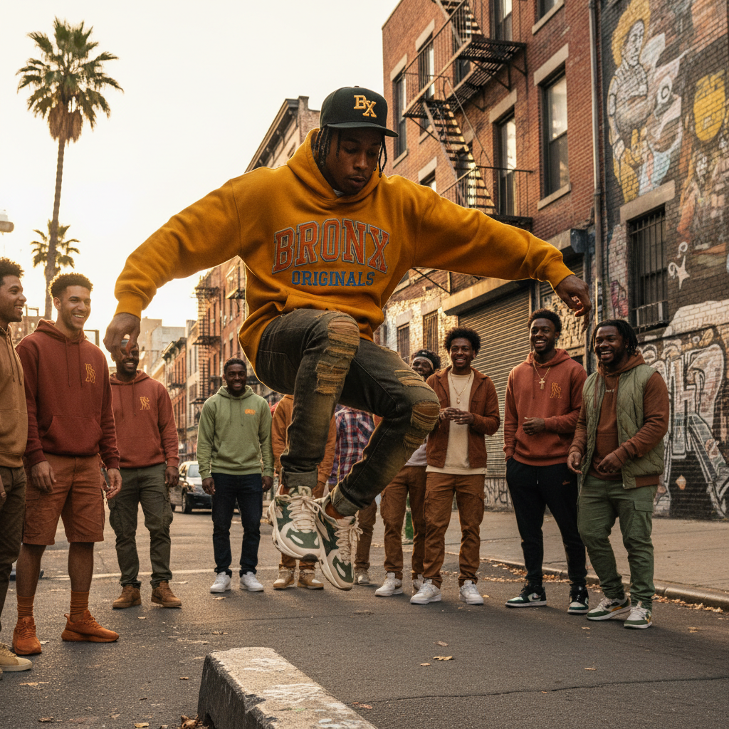 urban youth wearing a stylish hoodie on a sunlit bronx street