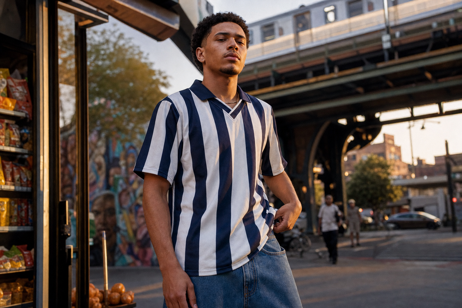 Bronx Native model wearing striped Bronx Soccer Club jersey near elevated 4 train