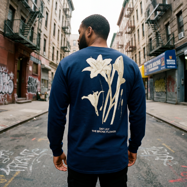 Man in denim jacket and Bronx New York graphic tee taking selfie under NYC elevated train tracks with graffiti walls
