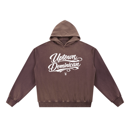 Brown hoodie with 'Uptown Dominican' script graphic, NYC streetwear style