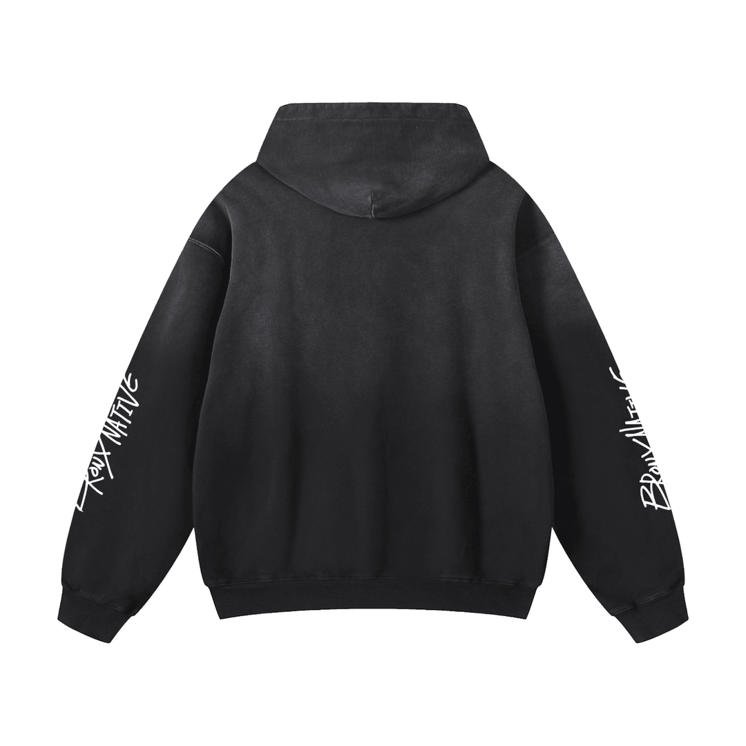 Black Bronx Native hoodie with white script on sleeves, back view, streetwear style