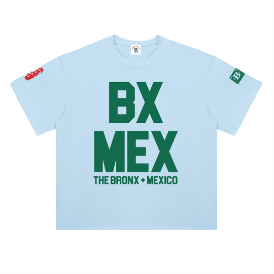 Light blue BX MEX tee with green 'The Bronx + Mexico' text, red and green sleeve patches, streetwear style