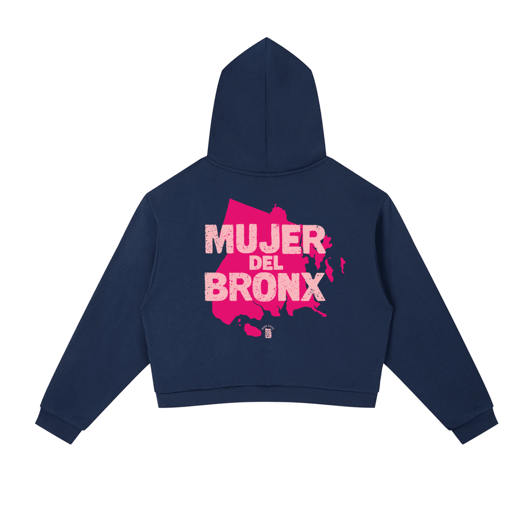 Navy hoodie with 'Mujer del Bronx' text and pink Bronx map design, bold streetwear style