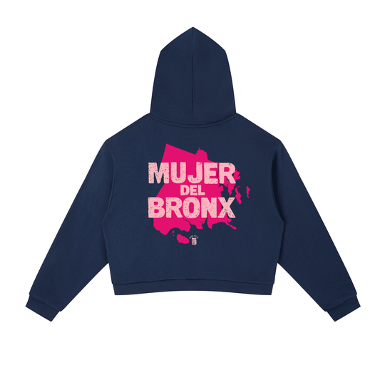 Navy hoodie with 'Mujer del Bronx' text and pink Bronx map design, bold streetwear style