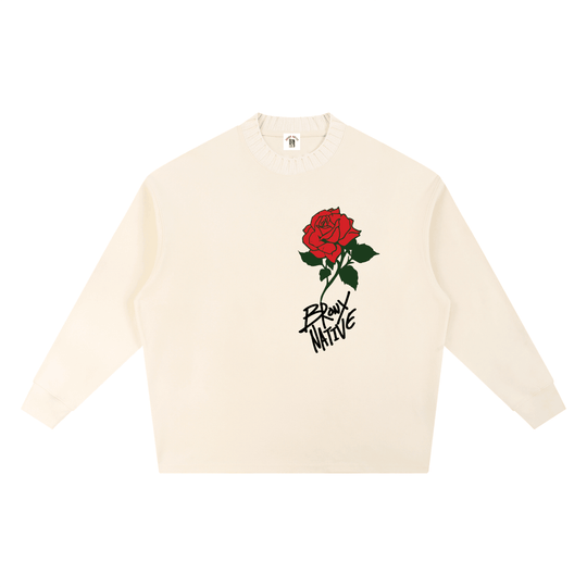 Cream sweatshirt with red rose graphic and 'Bronx Native' text, bold streetwear style