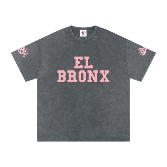 Gray 'El Bronx' streetwear tee with pink lettering, bold NYC-inspired design for urban fashion lovers.