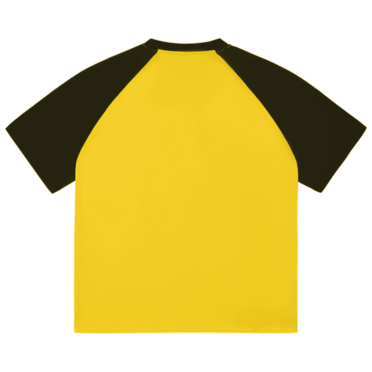 Yellow and black raglan sleeve tee, bold streetwear style for NYC urban fashion