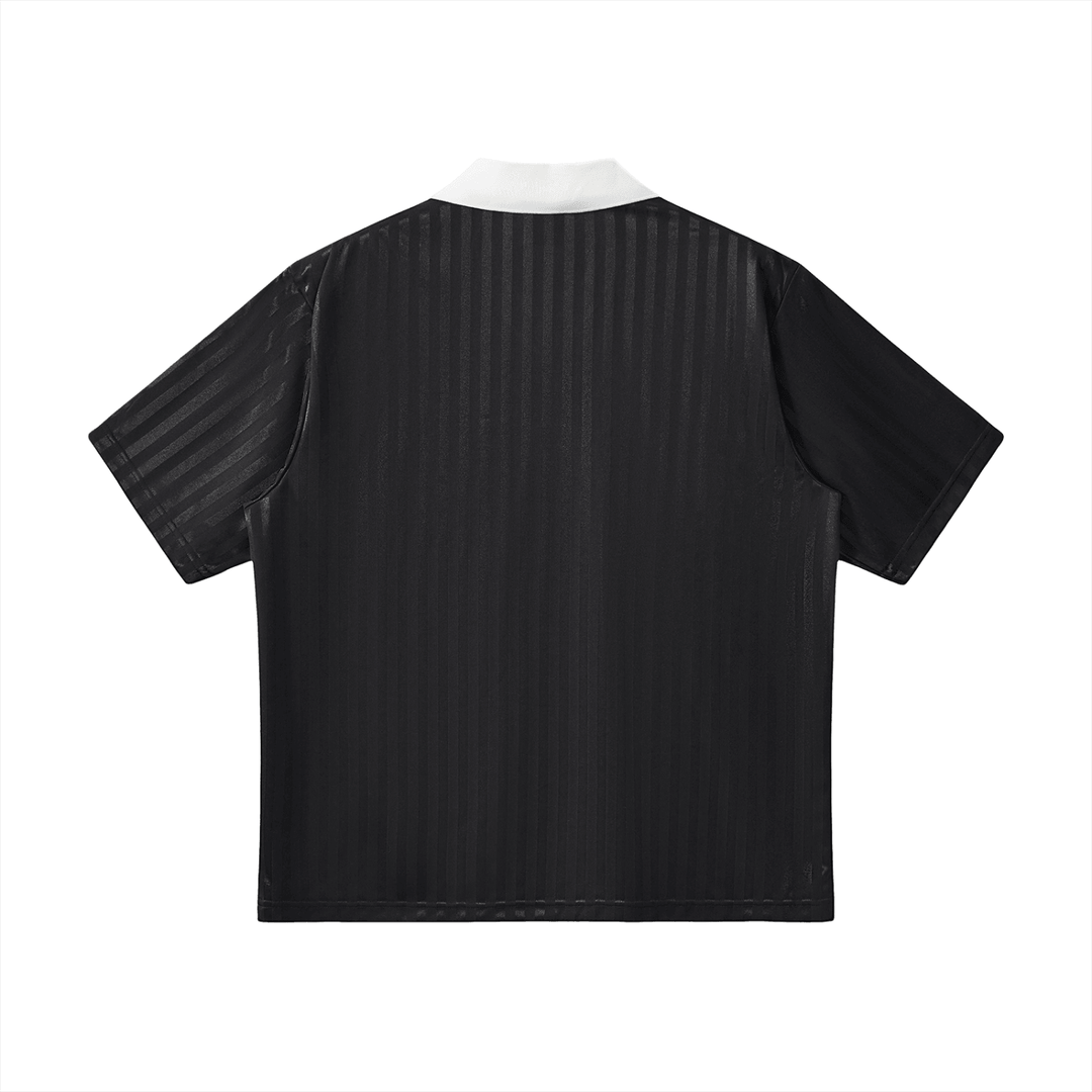 Black striped short sleeve polo shirt with white collar, urban streetwear style