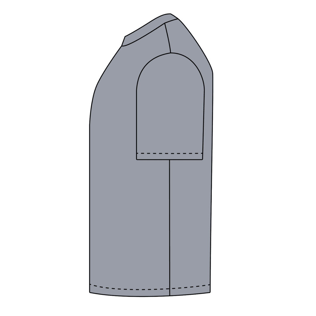 Gray t-shirt design with arched pocket detail, ideal for streetwear fashion