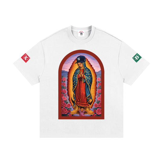 White tee with Virgin of Guadalupe in NY cap, roses, and bold streetwear design