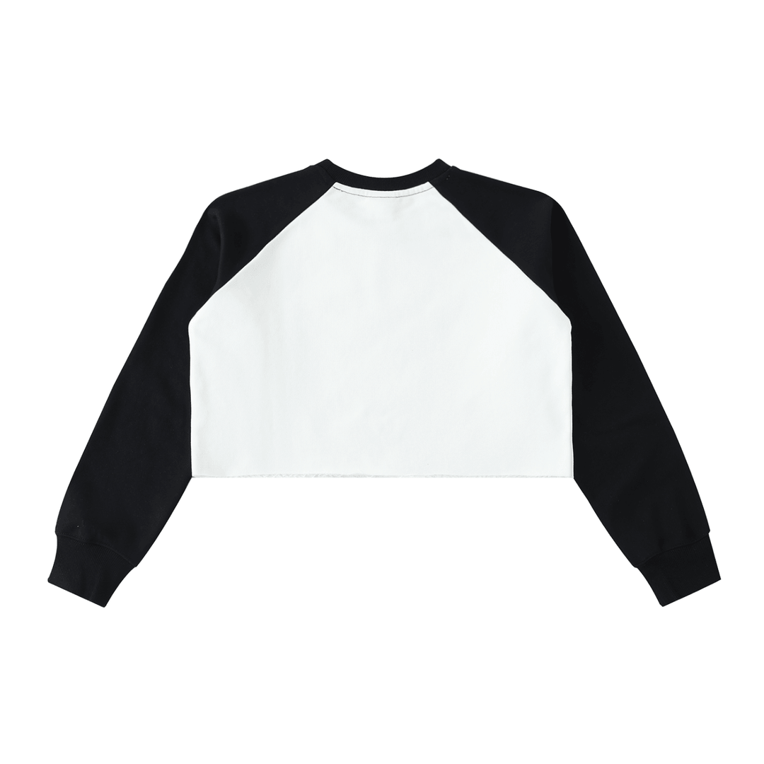 Black and white cropped raglan sweatshirt with long sleeves, streetwear style