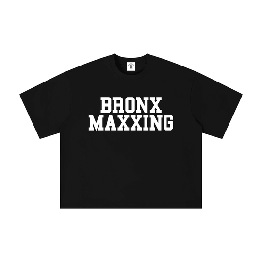 Black Bronx Maxxing tee with bold white text, NYC-inspired streetwear style