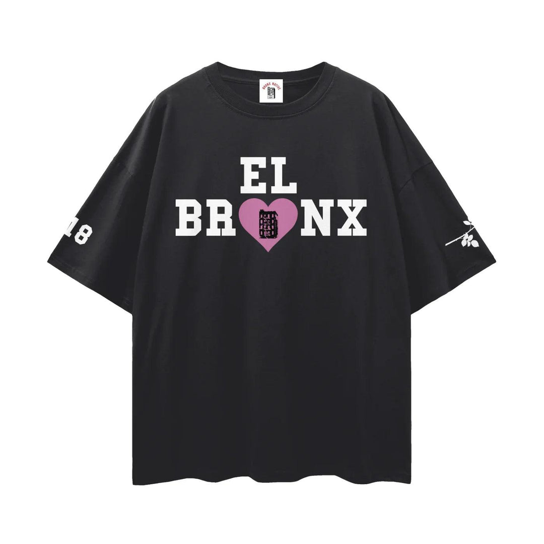 Black El Bronx tee with pink heart design, bold streetwear inspired by NYC culture