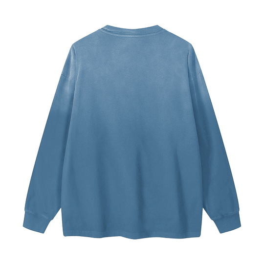 Blue long sleeve streetwear tee, back view, relaxed fit for urban style
