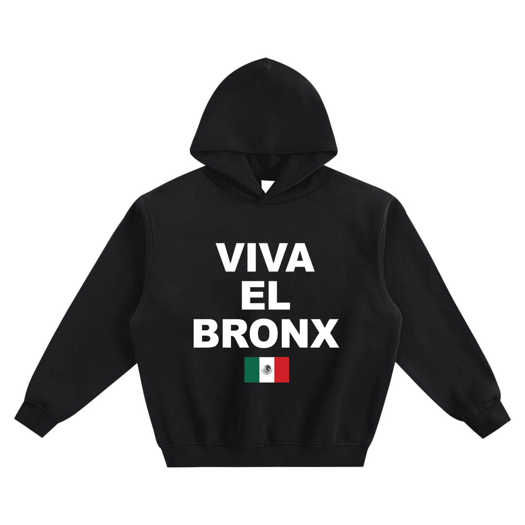 Black hoodie with Viva El Bronx text and Mexican flag, bold Bronx streetwear style