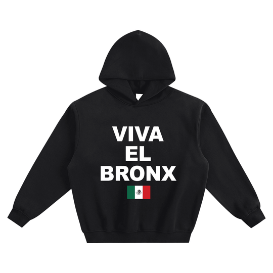 Black hoodie with Viva El Bronx text and Mexican flag, bold Bronx streetwear style