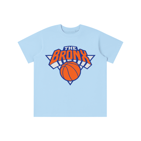 Light blue Bronx streetwear tee with bold 'The Bronx' basketball graphic, NYC-inspired design