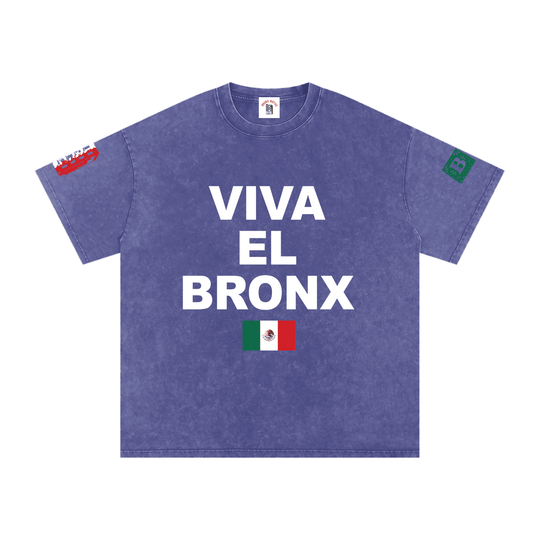 Purple Viva El Bronx t-shirt with Mexican flag, bold streetwear for NYC culture lovers
