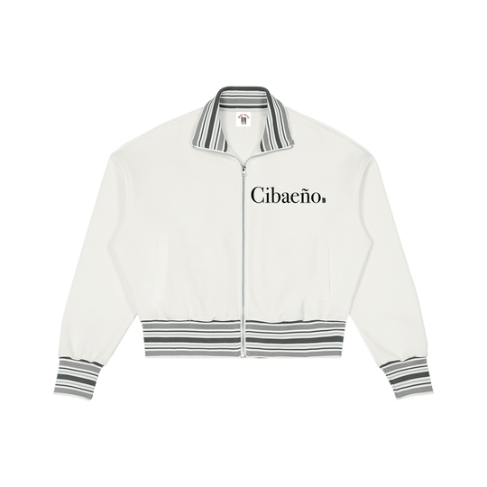 White Cibaeño bomber jacket with striped collar, cuffs, and hem — bold streetwear style