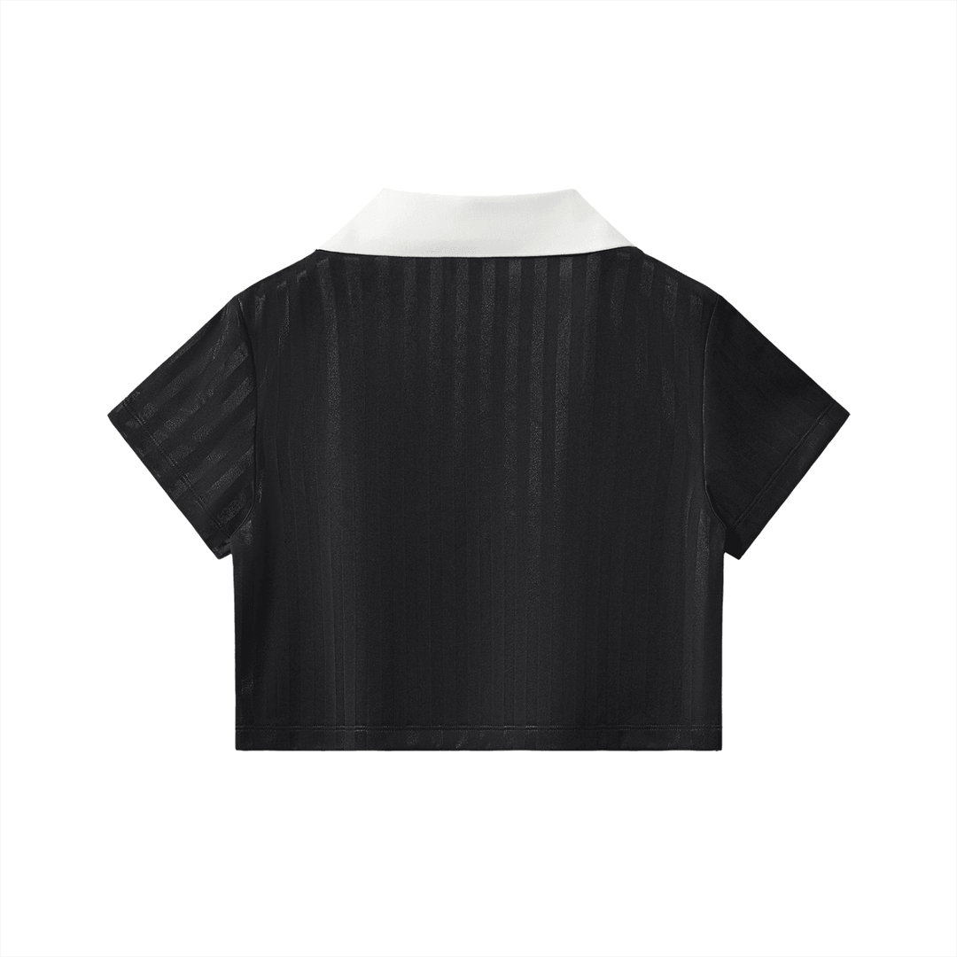 Black striped cropped polo shirt with white collar, urban streetwear style