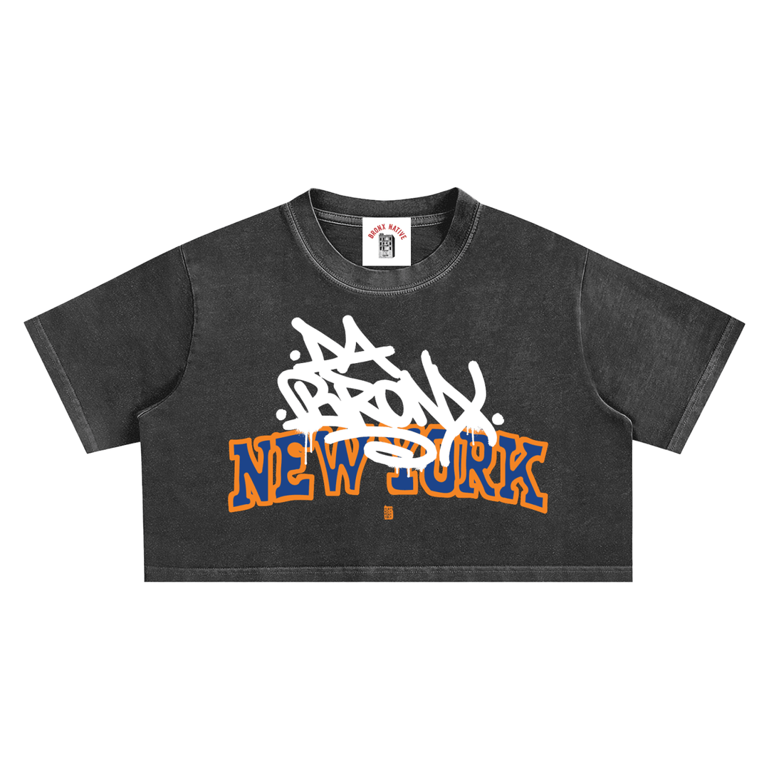 Black cropped tee with Bronx graffiti graphic and New York text, NYC streetwear style
