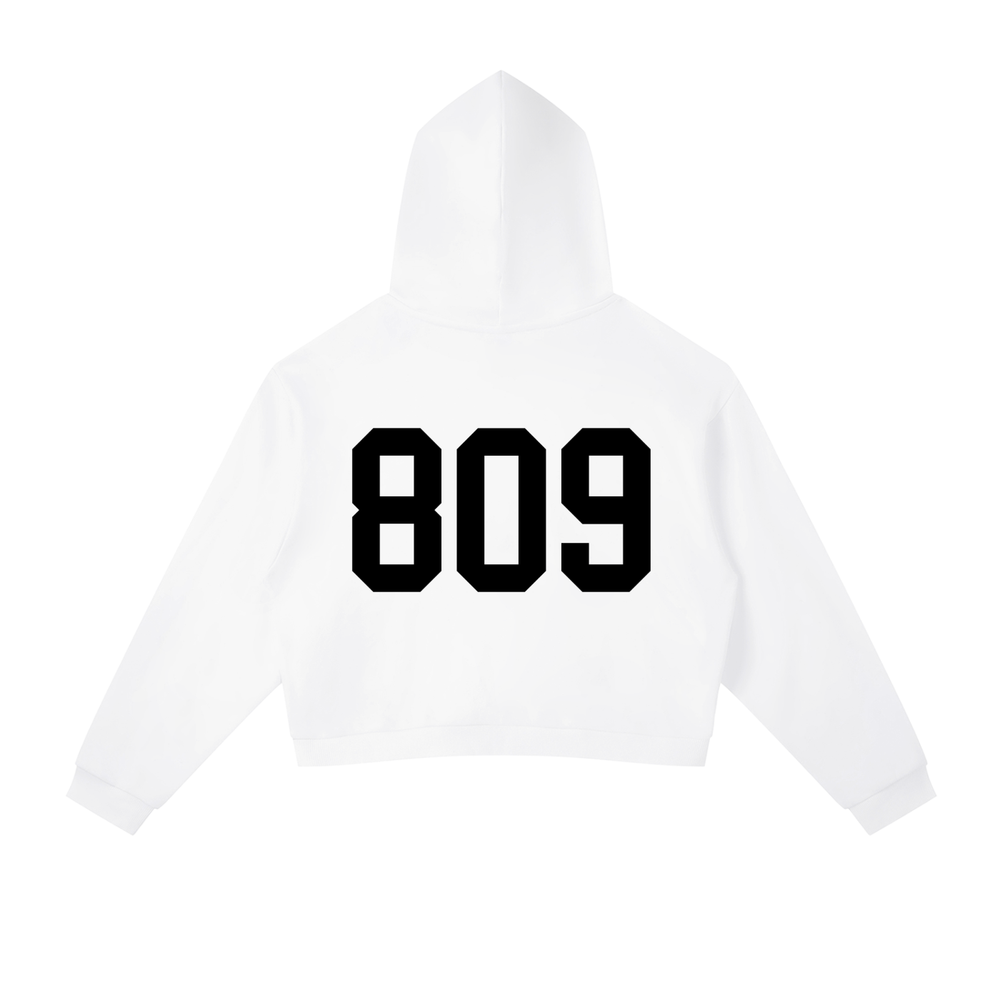 White streetwear hoodie with bold black 809 number on the back