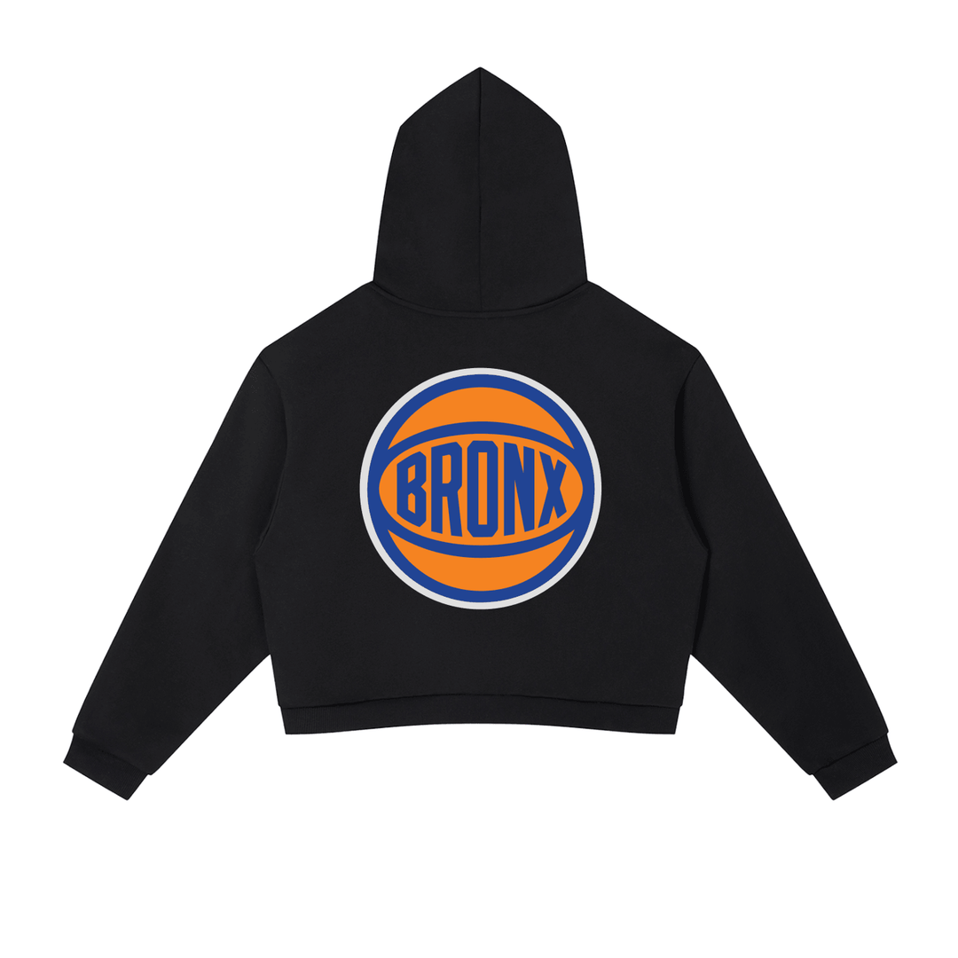 Black cropped hoodie with Bronx basketball graphic, bold streetwear style for NYC culture lovers