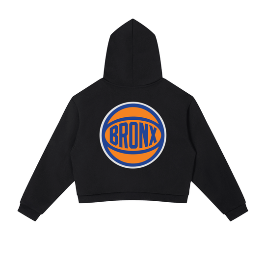 Black cropped hoodie with Bronx basketball graphic, bold streetwear style for NYC culture lovers