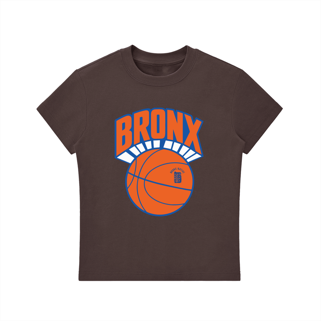 Brown Bronx Native tee with bold orange basketball graphic and 'BRONX' lettering, NYC streetwear style