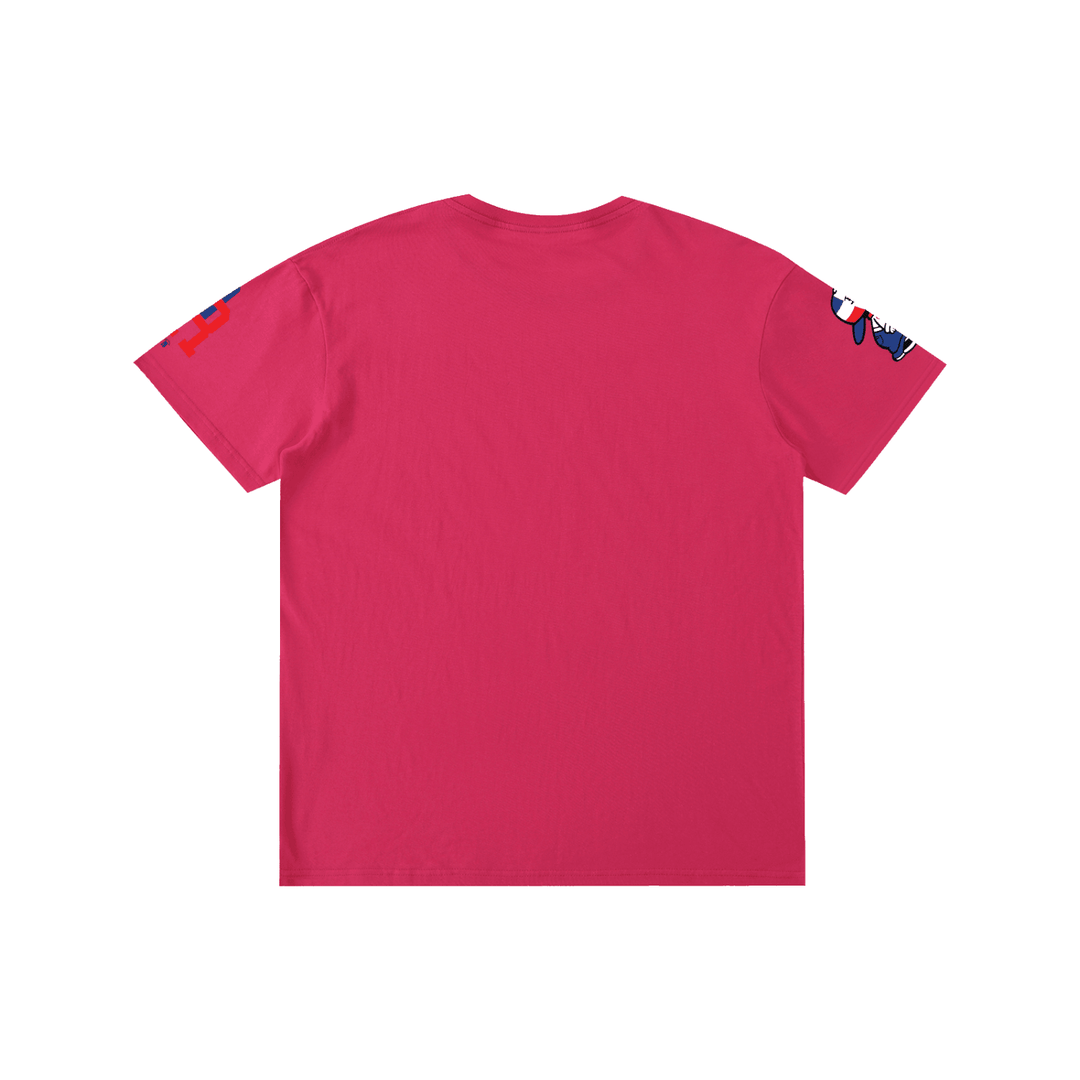 Pink streetwear tee with bold red and blue sleeve graphics, inspired by NYC culture