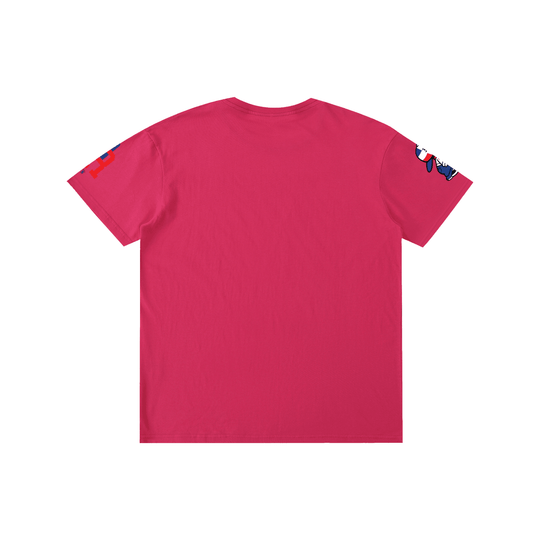 Pink streetwear tee with bold red and blue sleeve graphics, inspired by NYC culture