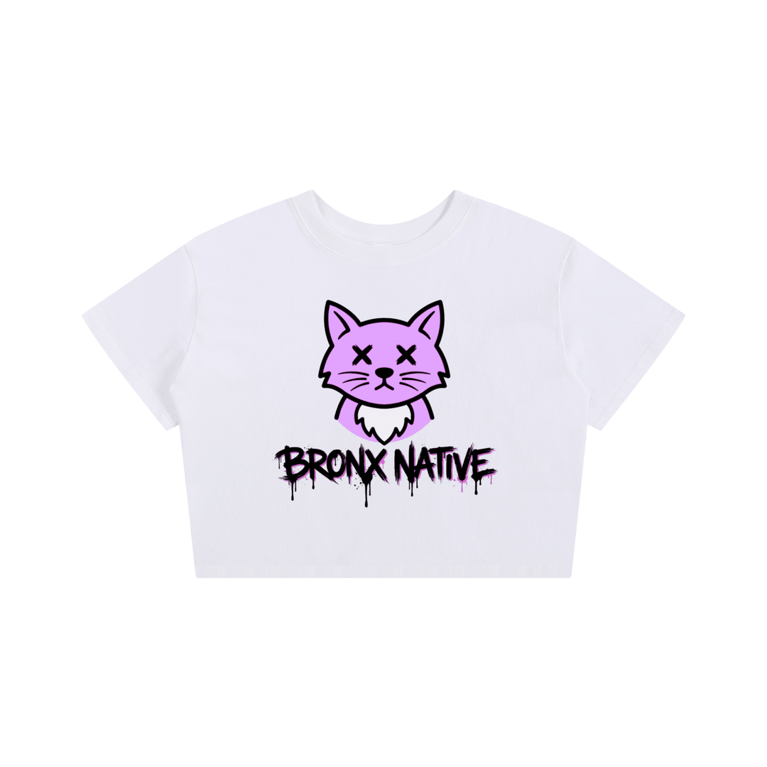 White crop top with purple cat graphic and 'Bronx Native' graffiti text, NYC streetwear style